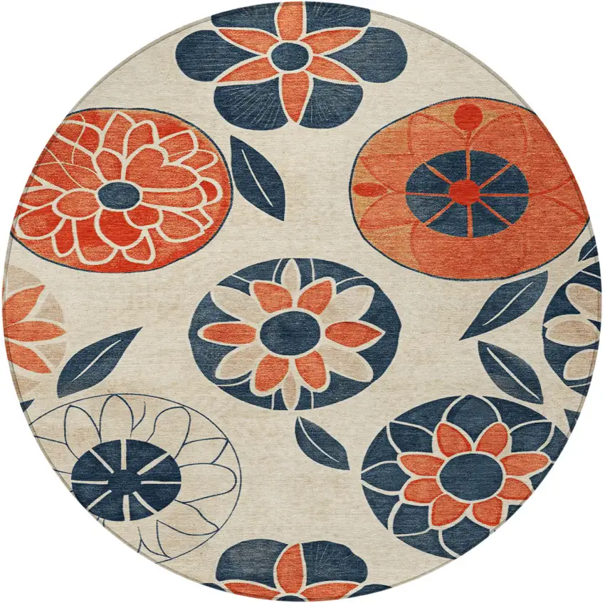 8' Beige Coral And Navy Blue Round Floral Washable Indoor Outdoor Area Rug Photo 3