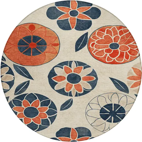 8' Beige Coral And Navy Blue Round Floral Washable Indoor Outdoor Area Rug Photo 1