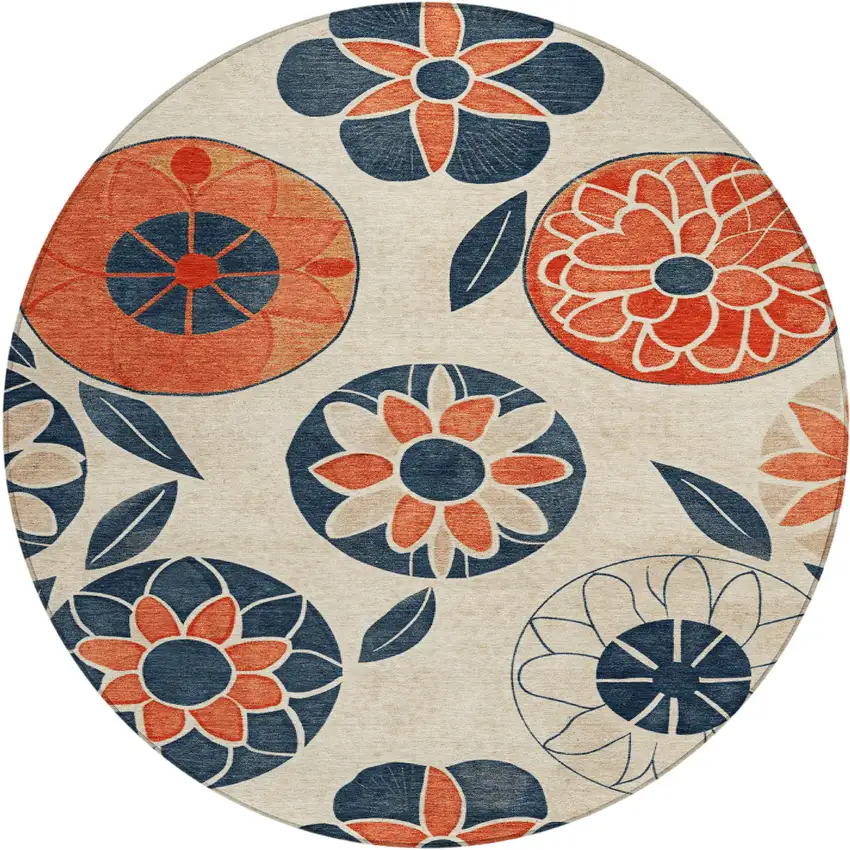 8' Beige Coral And Navy Blue Round Floral Washable Indoor Outdoor Area Rug Photo 1
