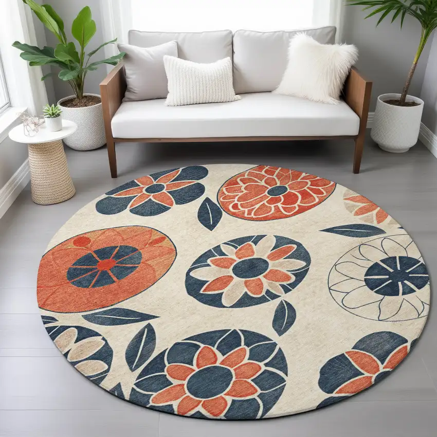 8' Beige Coral And Navy Blue Round Floral Washable Indoor Outdoor Area Rug Photo 9