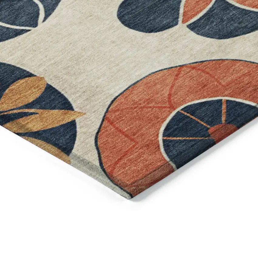 8' Beige Coral And Navy Blue Round Floral Washable Indoor Outdoor Area Rug Photo 4