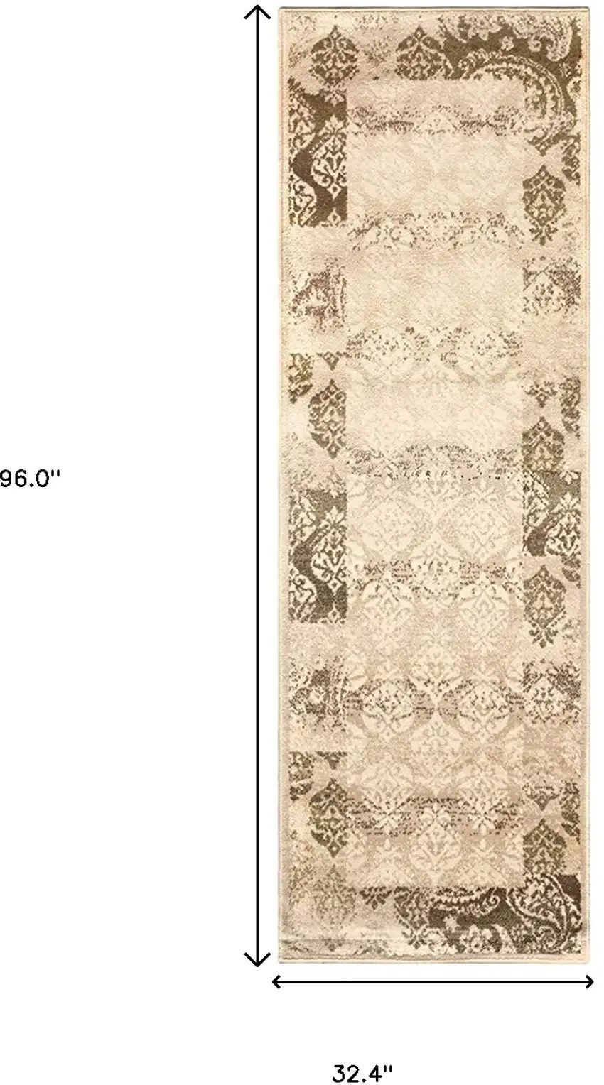 8' Beige Damask Power Loom Distressed Stain Resistant Runner Rug Photo 6