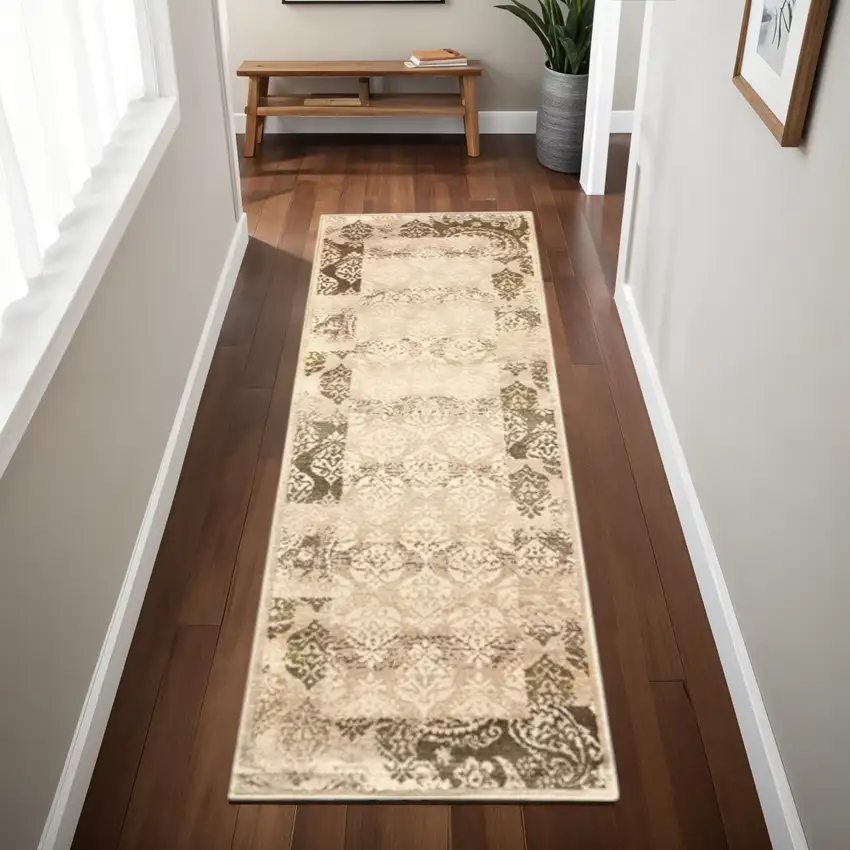 8' Beige And Brown Damask Distressed Runner Rug Photo 1