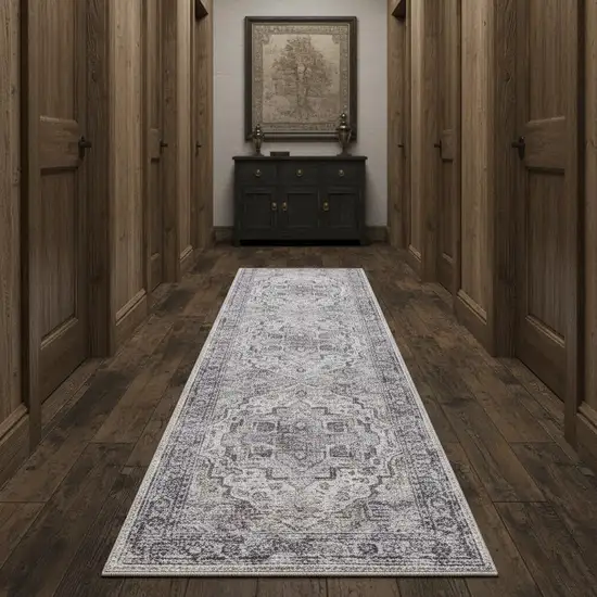 12' Beige Floral Distressed Runner Rug Photo 1