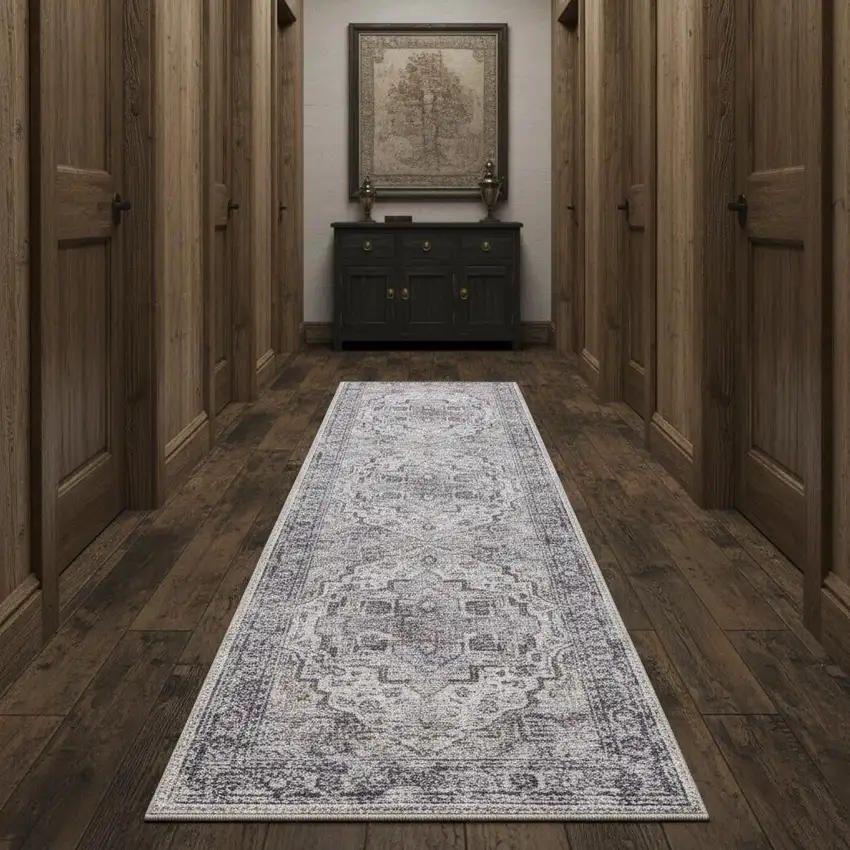 12' Beige Floral Distressed Runner Rug Photo 1