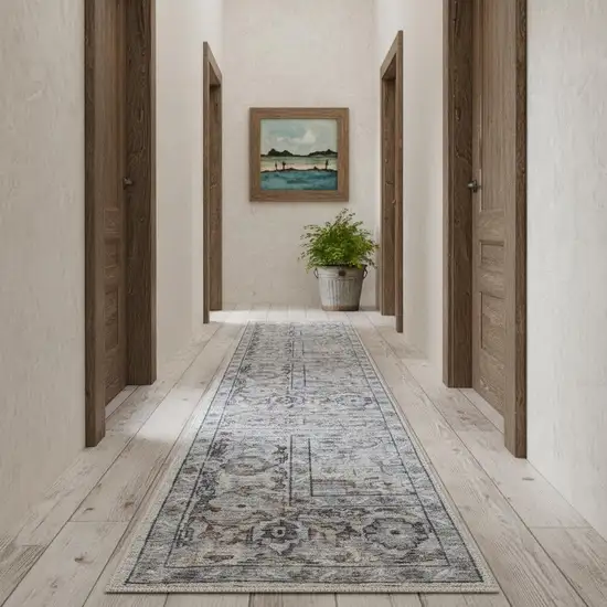 12' Beige Floral Distressed Runner Rug Photo 1