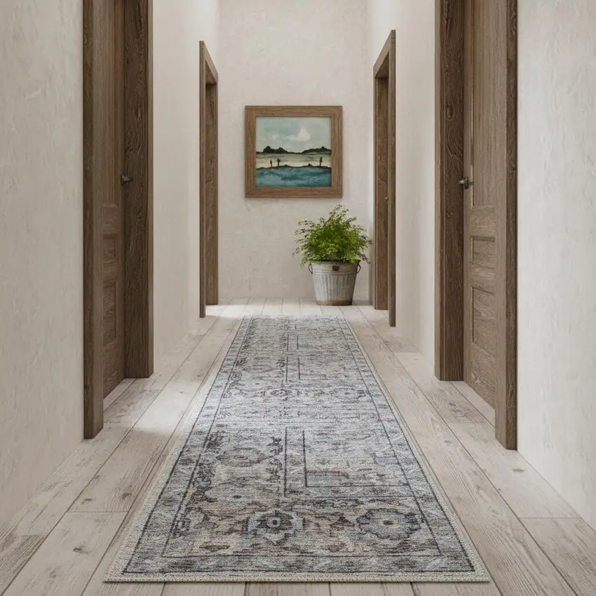 12' Beige Floral Distressed Runner Rug Photo 1