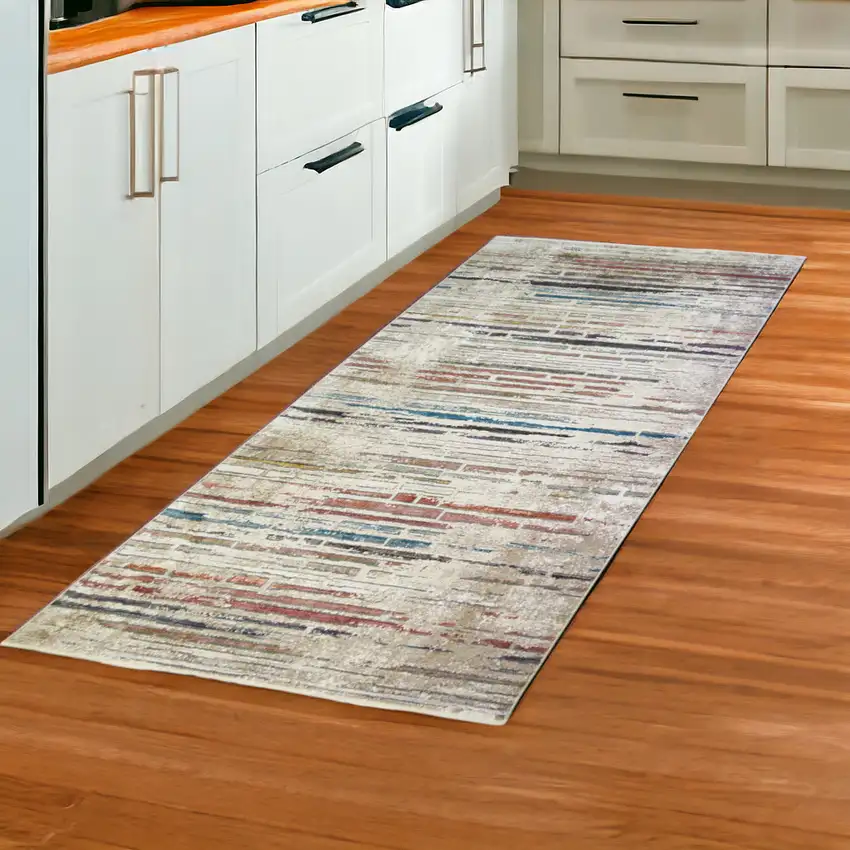 8' Beige Geometric Distressed Runner Rug With Fringe Photo 1