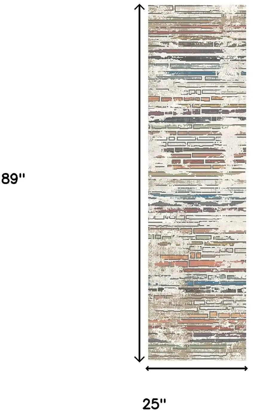 8' Beige Geometric Distressed Runner Rug With Fringe Photo 5