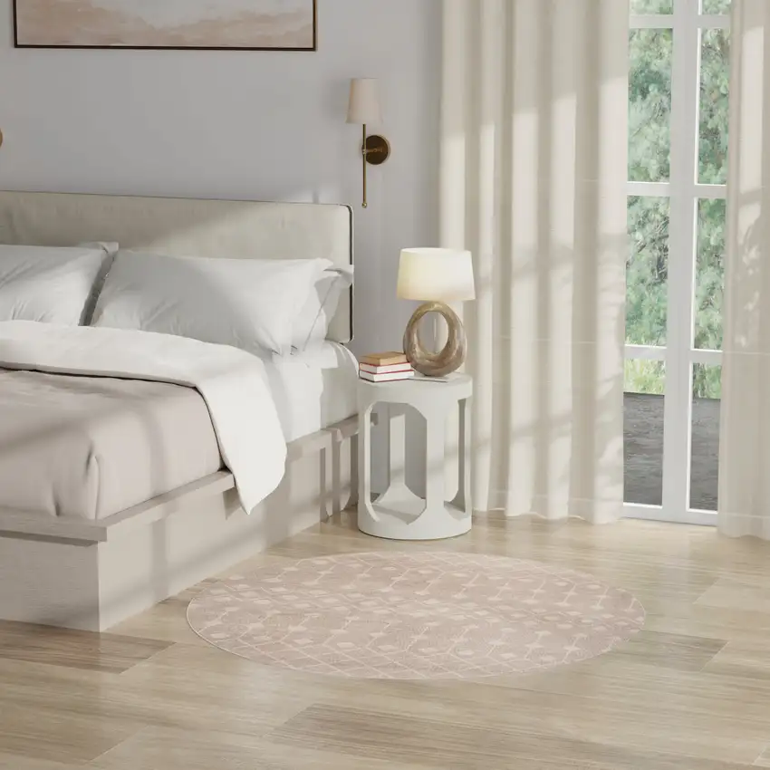 4' Beige Geometric Power Loom Round Rug Photo 5