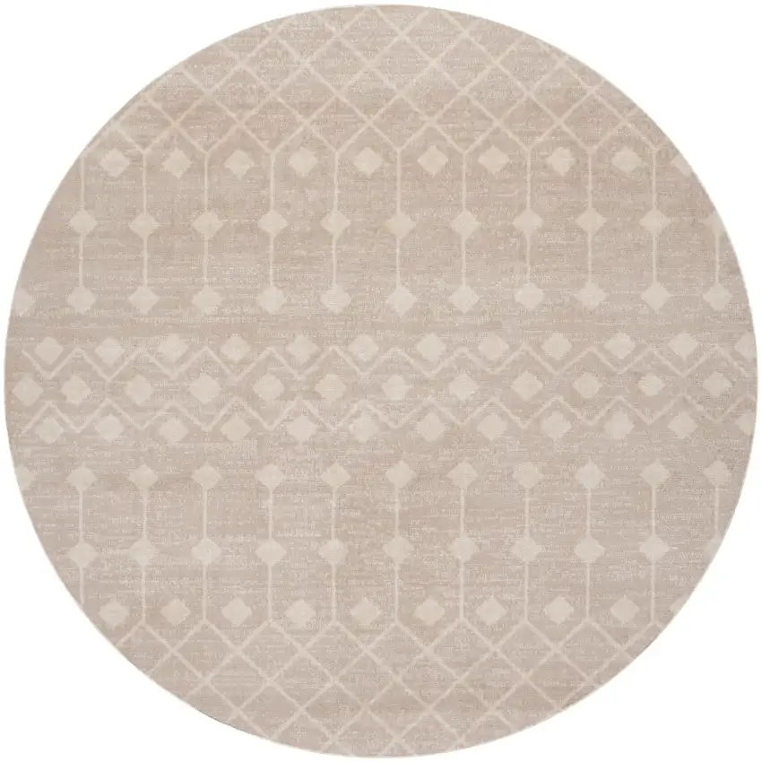 5' Beige Geometric Power Loom Round Rug Photo 4