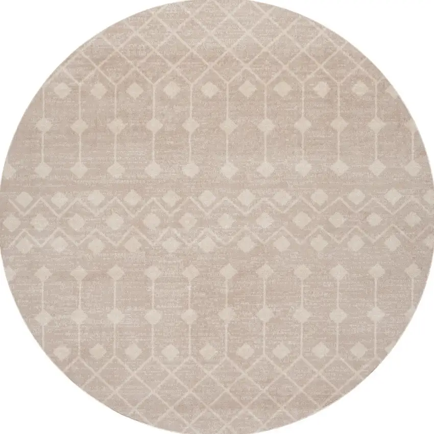 5' Beige Geometric Power Loom Round Rug Photo 4
