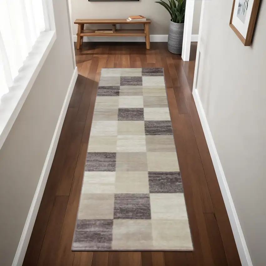 8' Beige And Brown Geometric Runner Rug Photo 1