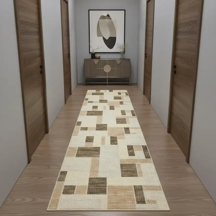 10' Beige Geometric Runner Rug Photo 1
