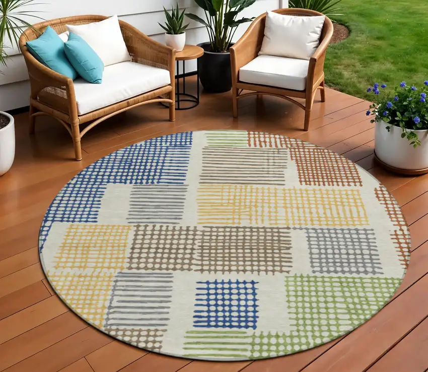 8' Beige Gold And Blue Round Geometric Washable Indoor Outdoor Area Rug Photo 2