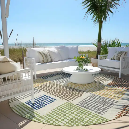 8' Beige Gold And Blue Round Geometric Washable Indoor Outdoor Area Rug Photo 5