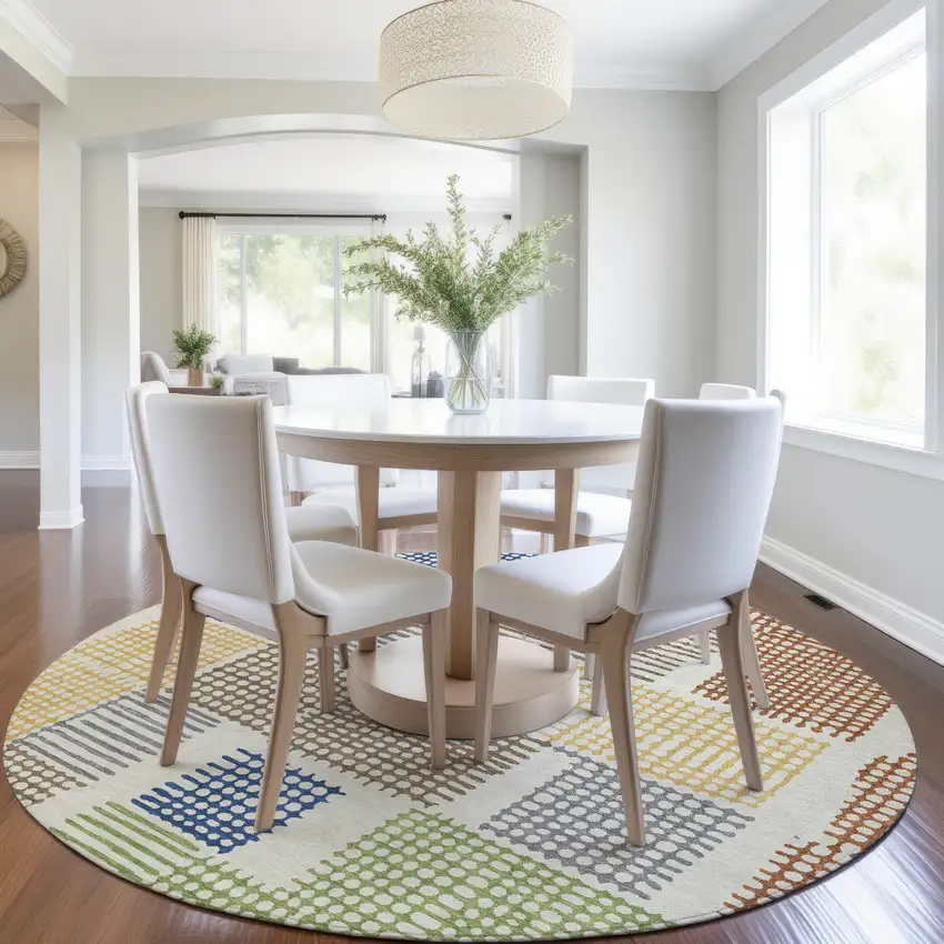 8' Beige Gold And Blue Round Geometric Washable Indoor Outdoor Area Rug Photo 6