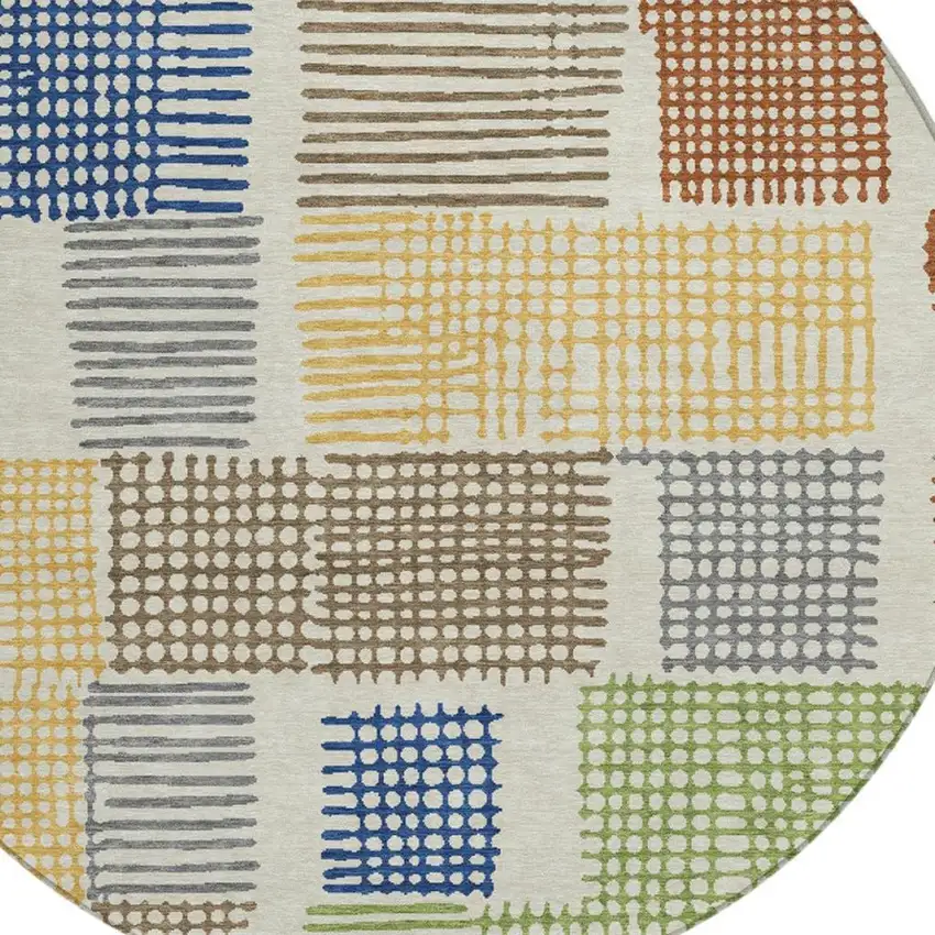 8' Beige Gold And Blue Round Geometric Washable Indoor Outdoor Area Rug Photo 9