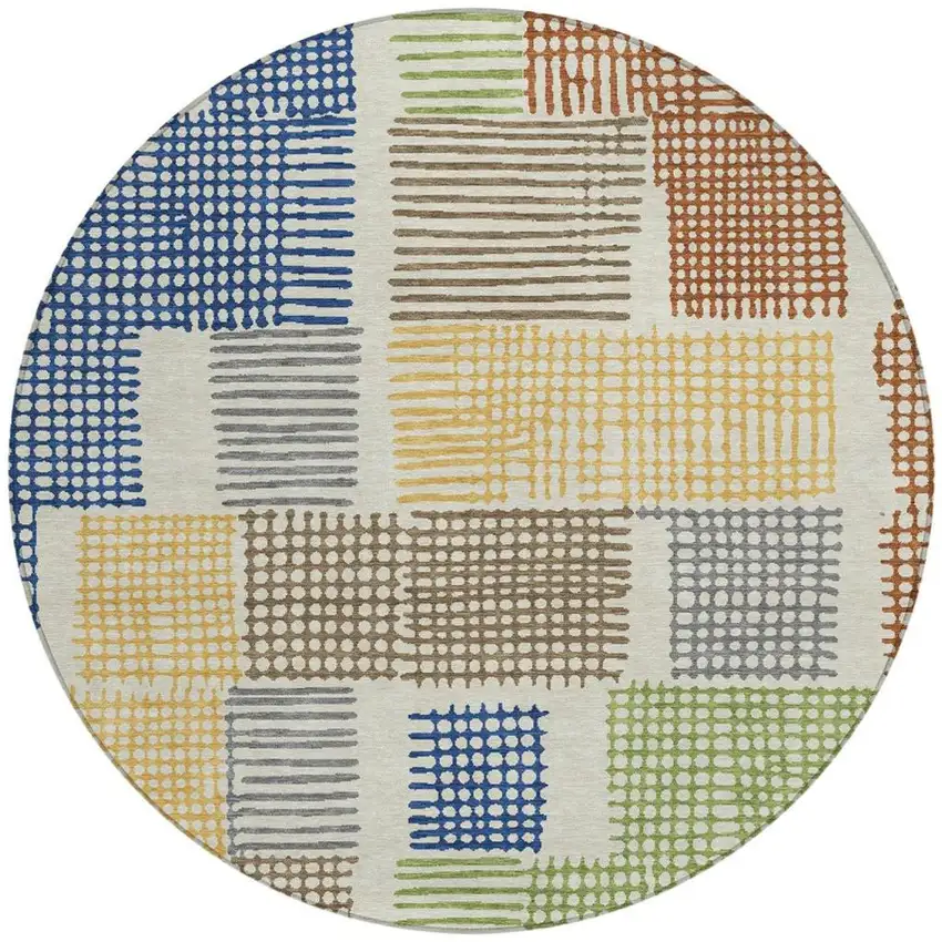 8' Beige Gold And Blue Round Geometric Washable Indoor Outdoor Area Rug Photo 3