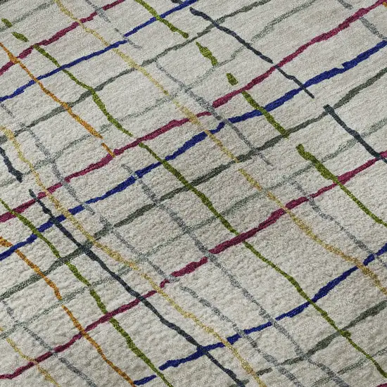 8' Beige Gold And Blue Striped Washable Round Rug With UV Protection Photo 8