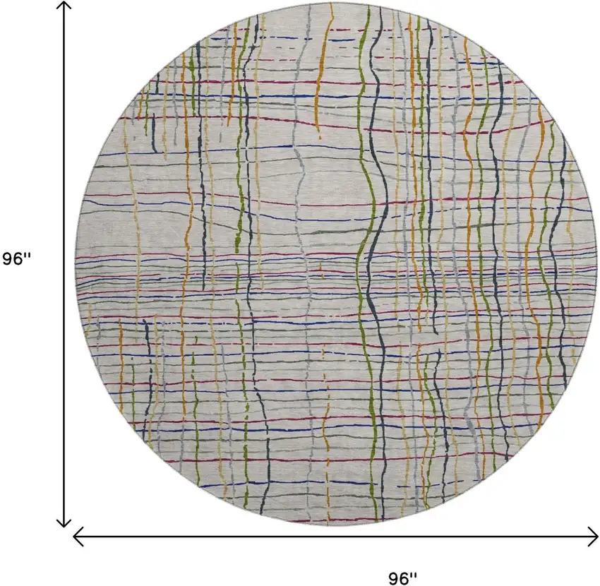 8' Beige Gold And Blue Striped Washable Round Rug With UV Protection Photo 9