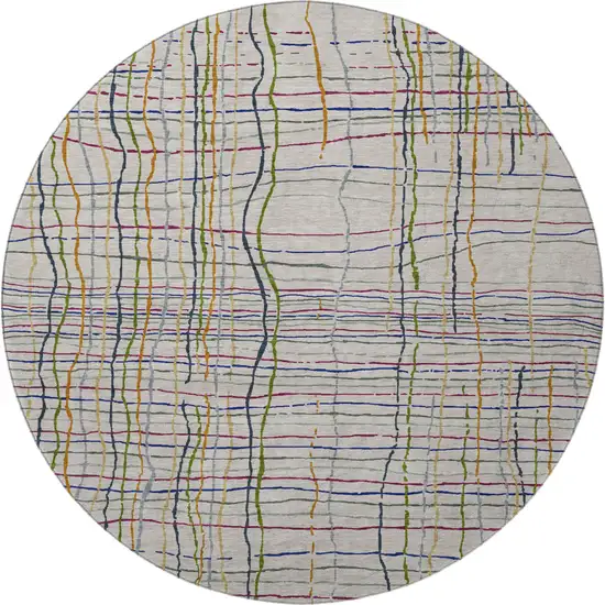 8' Beige Gold And Blue Striped Washable Round Rug With UV Protection Photo 3