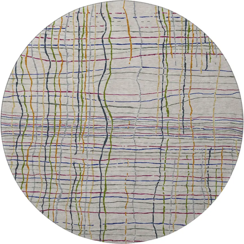 8' Beige Gold And Blue Striped Washable Round Rug With UV Protection Photo 3