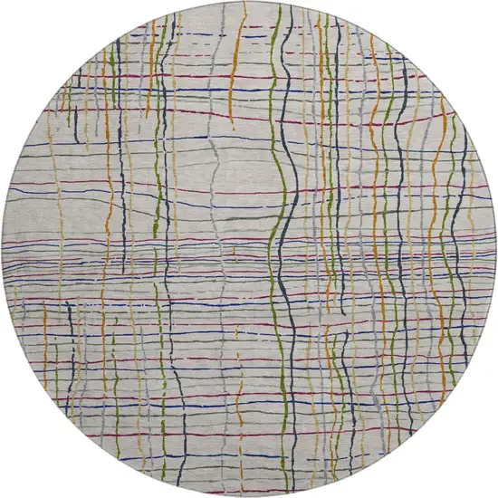 8' Beige Gold And Blue Striped Washable Round Rug With UV Protection Photo 1