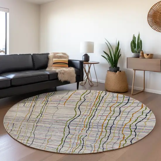 8' Beige Gold And Blue Striped Washable Round Rug With UV Protection Photo 4