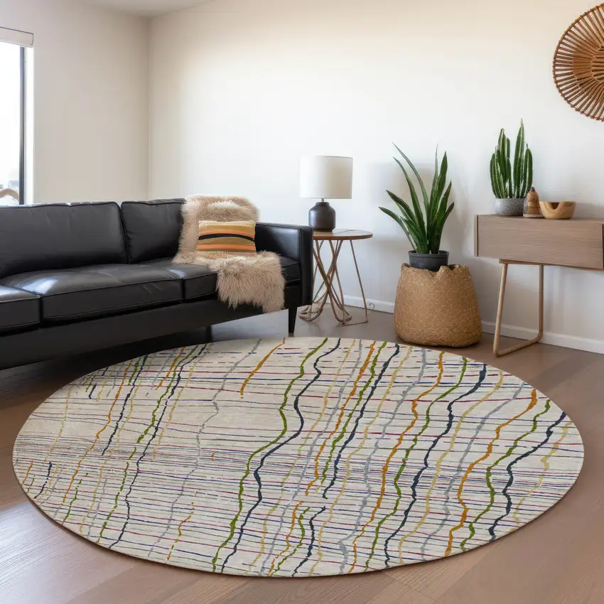 8' Beige Gold And Blue Striped Washable Round Rug With UV Protection Photo 4