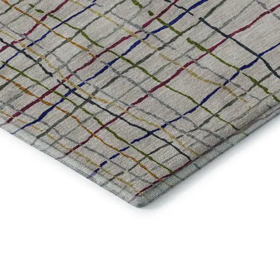 8' Beige Gold And Blue Striped Washable Round Rug With UV Protection Photo 6