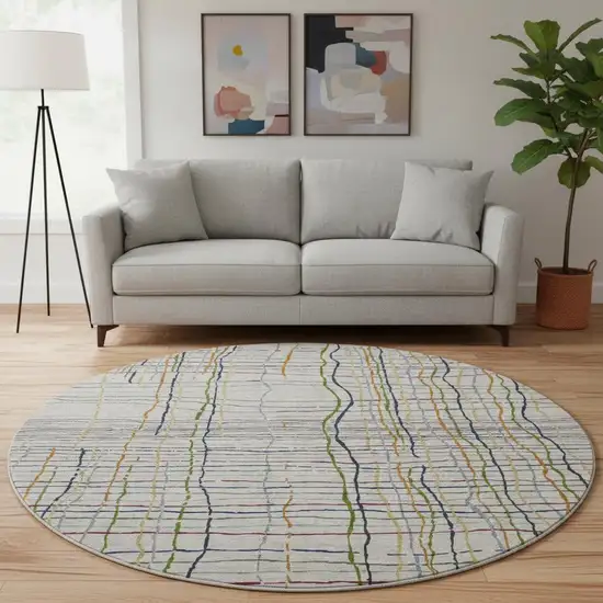 8' Beige Gold And Blue Striped Washable Round Rug With UV Protection Photo 2