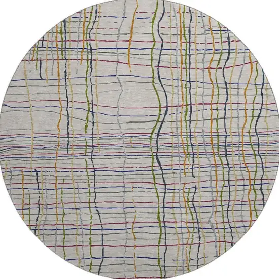 8' Beige Gold And Blue Striped Washable Round Rug With UV Protection Photo 2