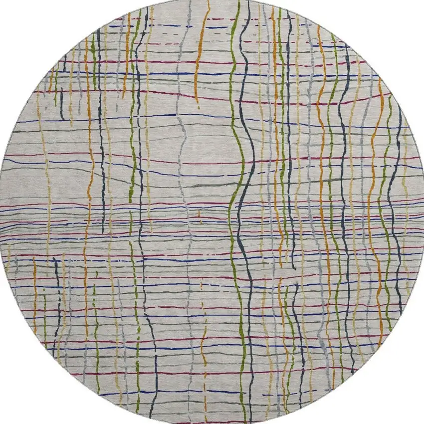 8' Beige Gold And Blue Striped Washable Round Rug With UV Protection Photo 2