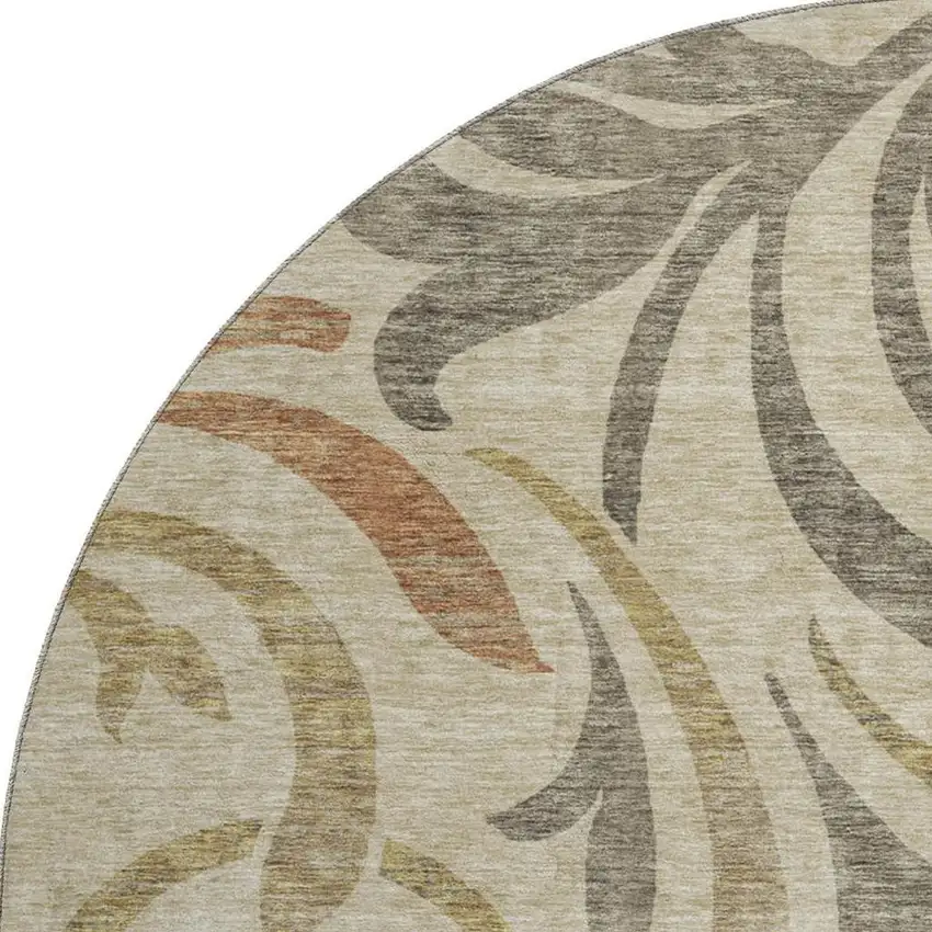 8' Beige Gold And Brown Floral Washable Round Rug With UV Protection Photo 3