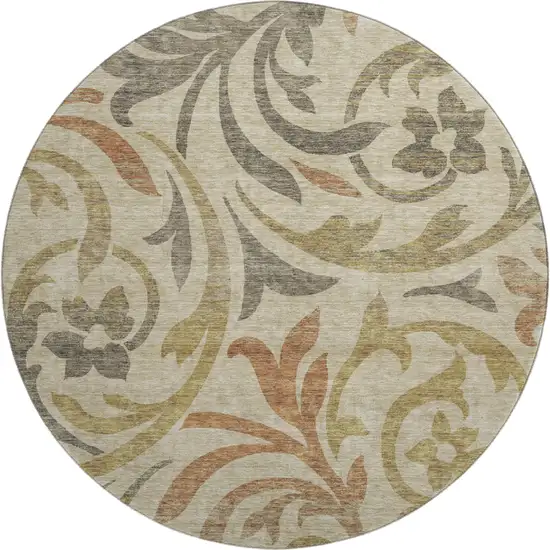 8' Beige Gold And Brown Floral Washable Round Rug With UV Protection Photo 1
