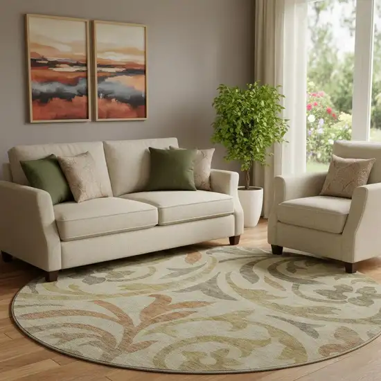 8' Beige Gold And Brown Floral Washable Round Rug With UV Protection Photo 1