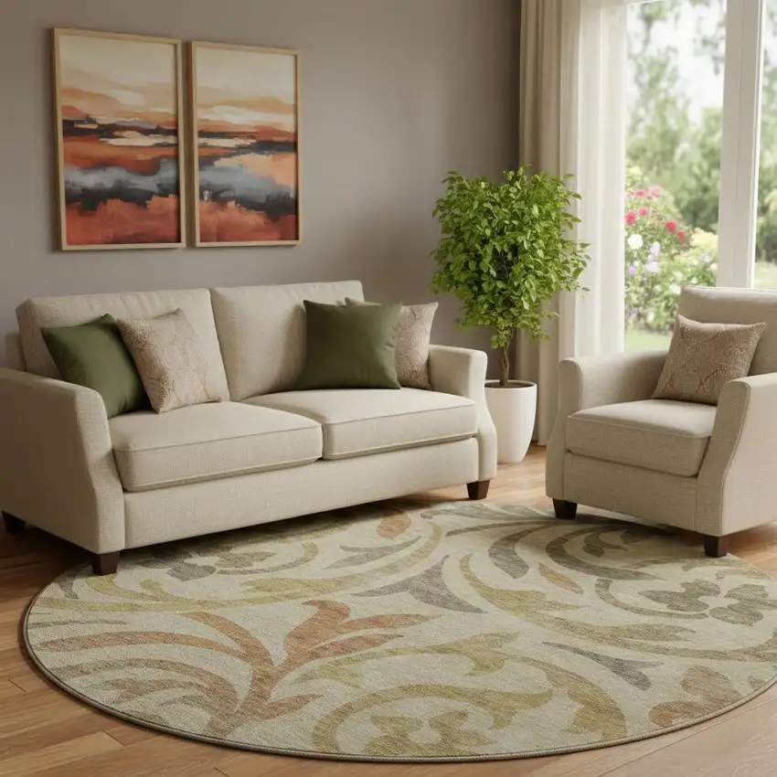 8' Beige Gold And Brown Floral Washable Round Rug With UV Protection Photo 1