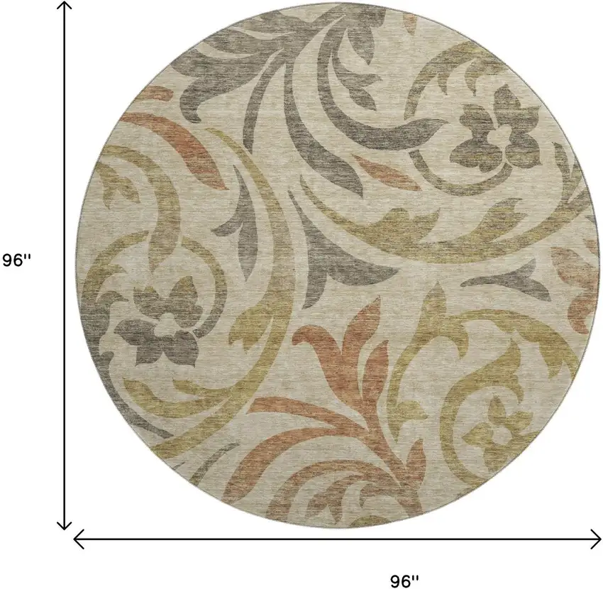 8' Beige Gold And Brown Floral Washable Round Rug With UV Protection Photo 3