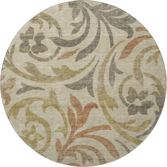 8' Beige Gold And Brown Floral Washable Round Rug With UV Protection Photo 4
