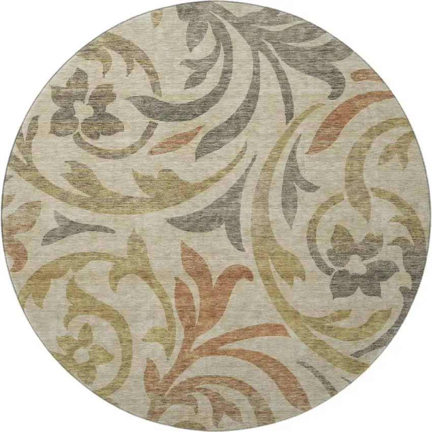 8' Beige Gold And Brown Floral Washable Round Rug With UV Protection Photo 4
