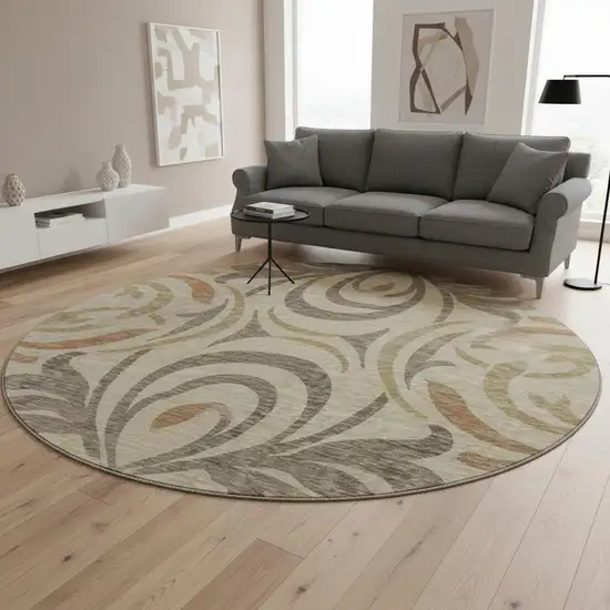 8' Beige Gold And Brown Floral Washable Round Rug With UV Protection Photo 2