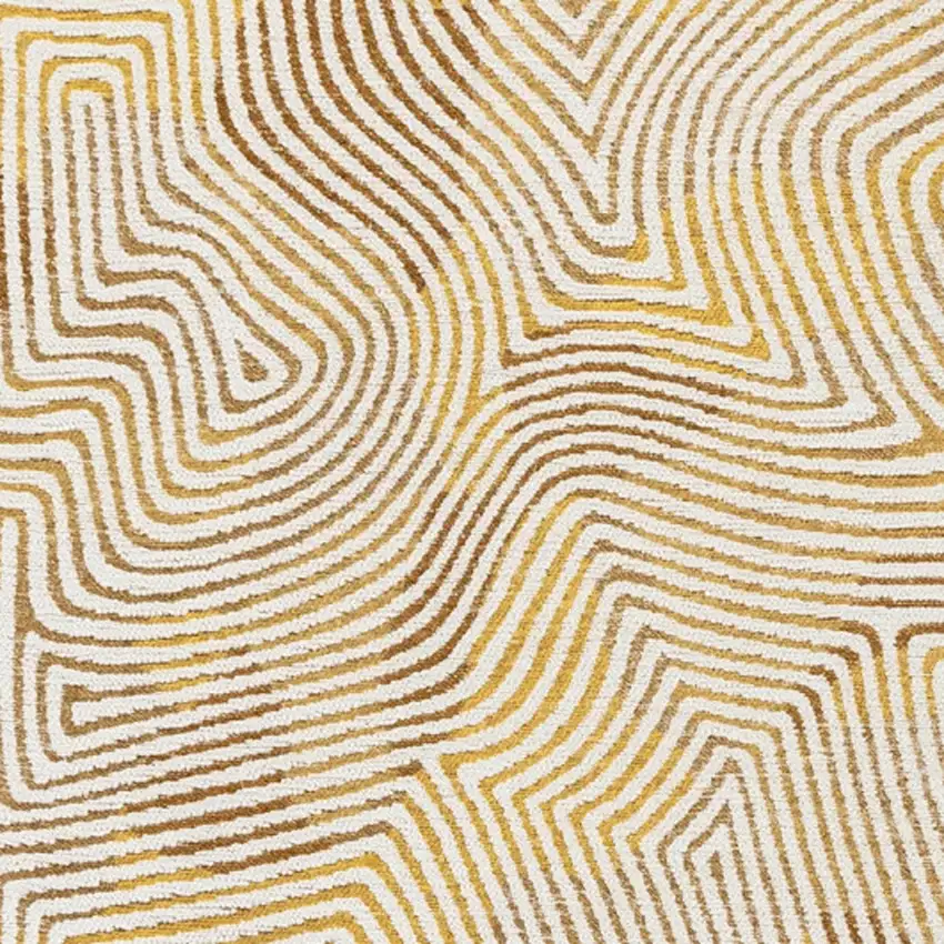 5' Beige Gold And Brown Geometric Washable Round Rug With UV Protection Photo 8