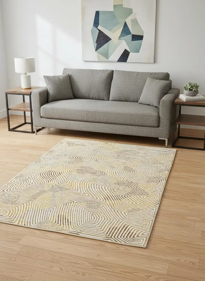 8' Beige Gold And Brown Geometric Washable Round Rug With UV Protection Photo 1