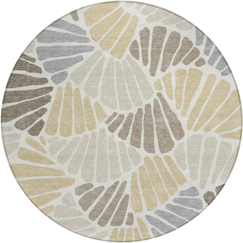 8' Beige Gold And Brown Round Floral Washable Indoor Outdoor Area Rug Photo 1
