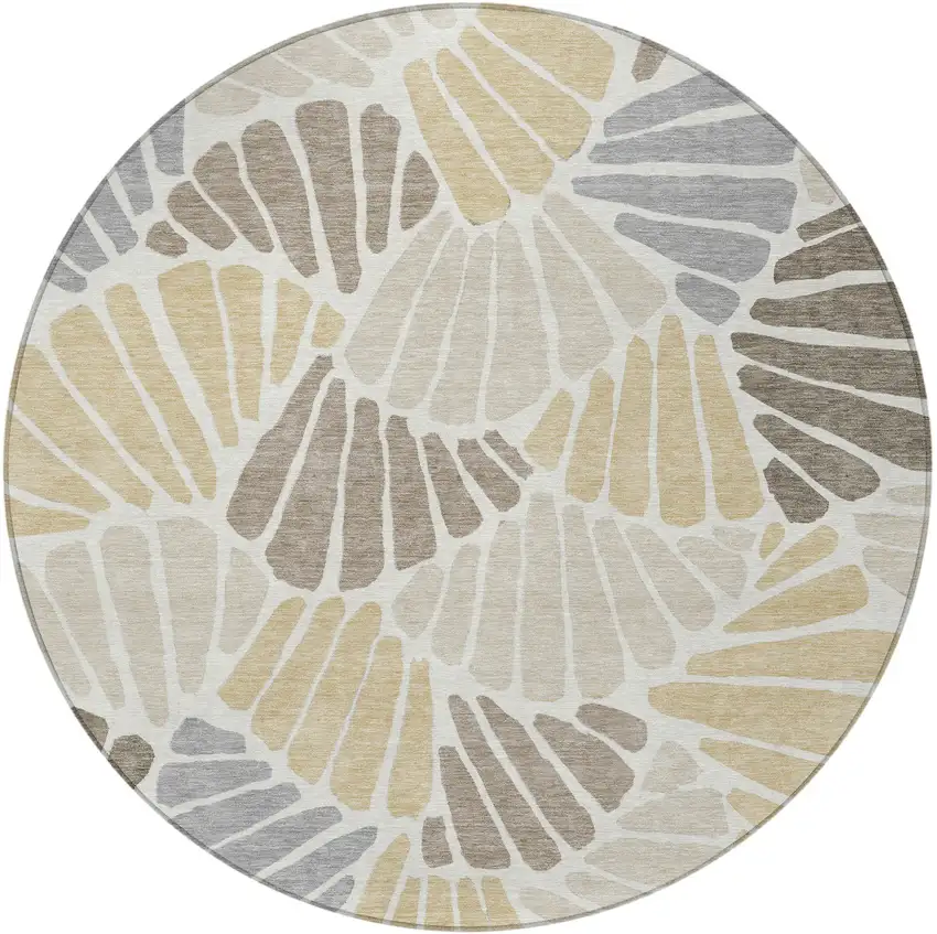 8' Beige Gold And Brown Round Floral Washable Indoor Outdoor Area Rug Photo 2
