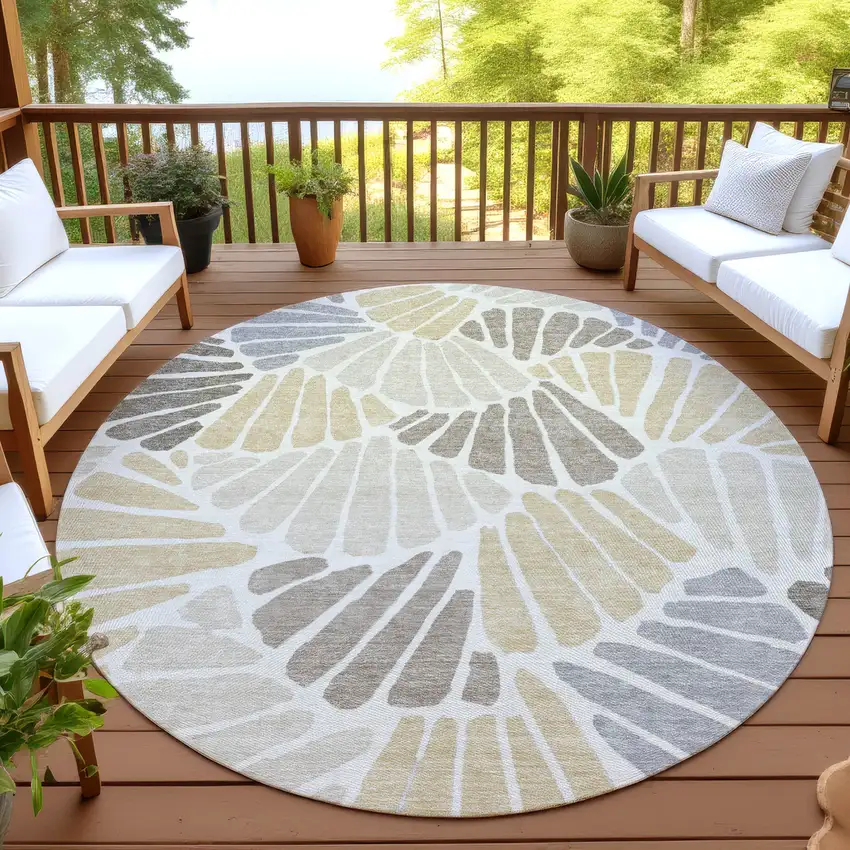 8' Beige Gold And Brown Round Floral Washable Indoor Outdoor Area Rug Photo 3