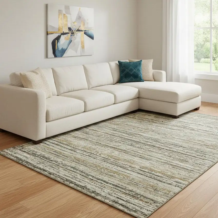 8' Beige Gold And Brown Striped Washable Area Rug With UV Protection Photo 2