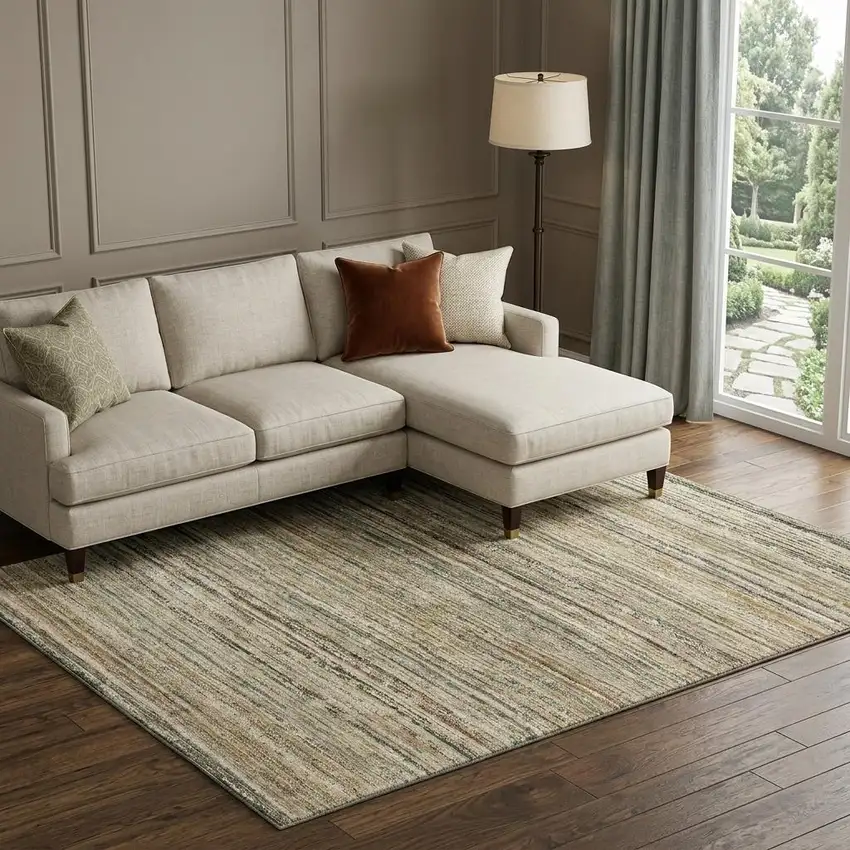 8' Beige Gold And Brown Striped Washable Area Rug With UV Protection Photo 1