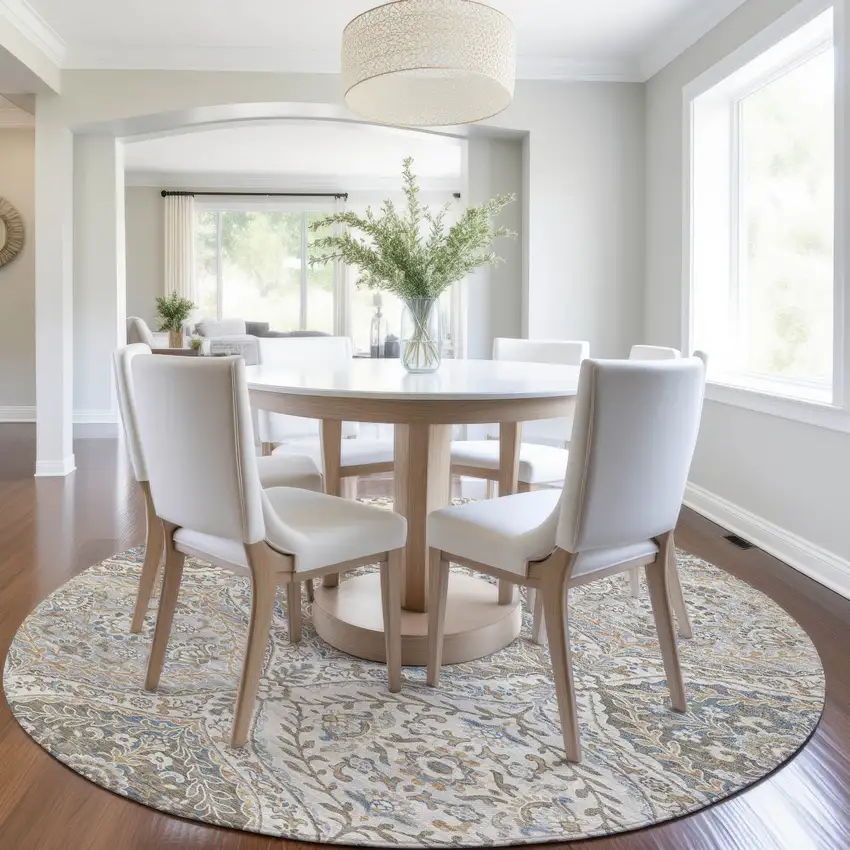 8' Beige Gold And Denim Blue Round Floral Washable Indoor Outdoor Area Rug Photo 6